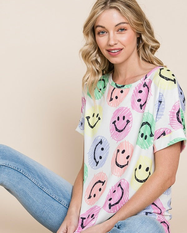 White w/multicolor Smiley Face Short Sleeve T-shirt Top