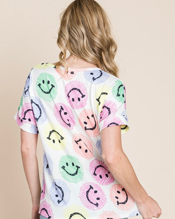 White w/multicolor Smiley Face Short Sleeve T-shirt Top