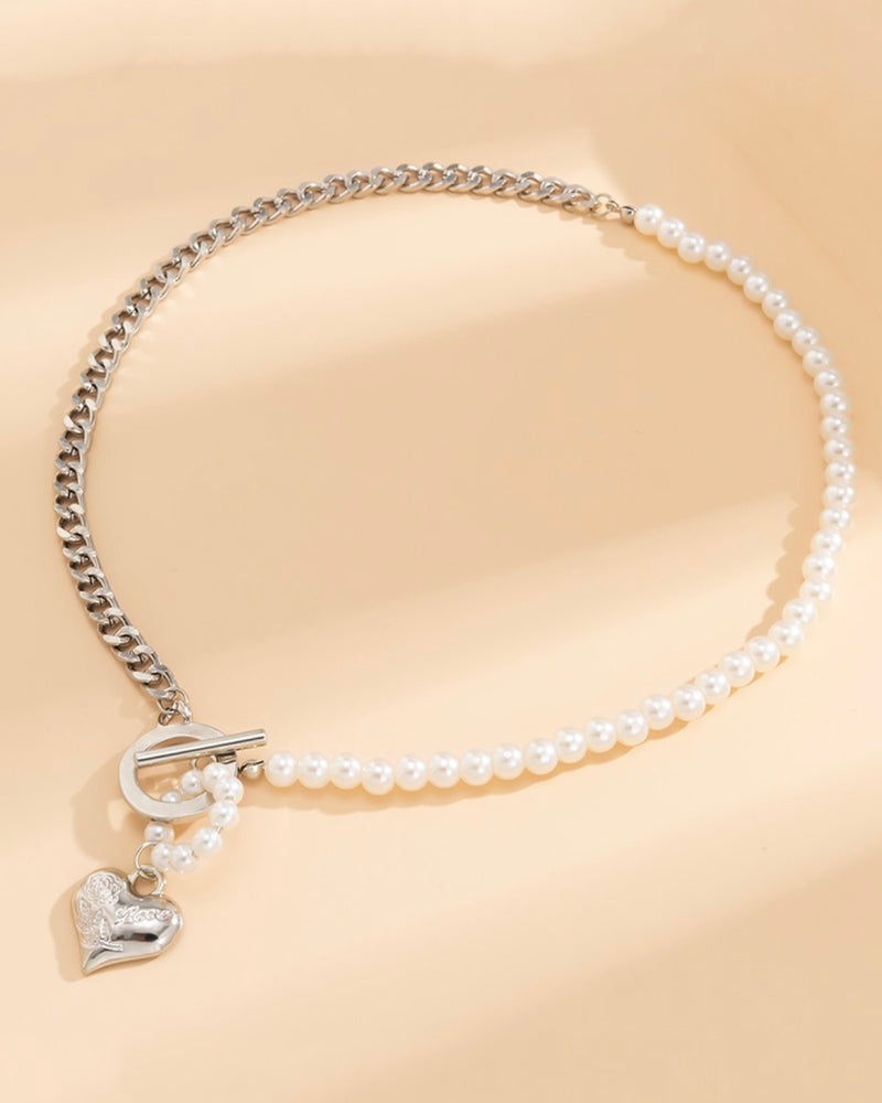 Pearl & Link Chain Necklace with Heart Pendant in Gold or Silver Tone