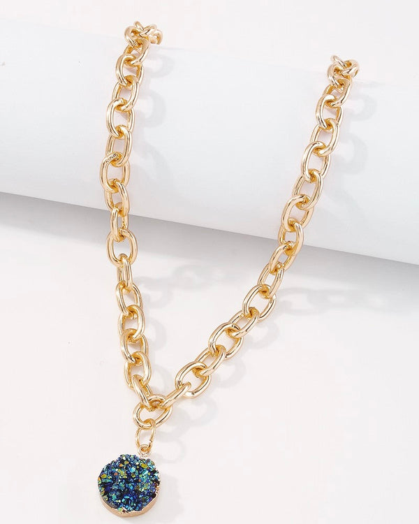 Blue, Fuchsia Pink or Yellow Gold Druzy Pendant on Gold Tone Link Necklace