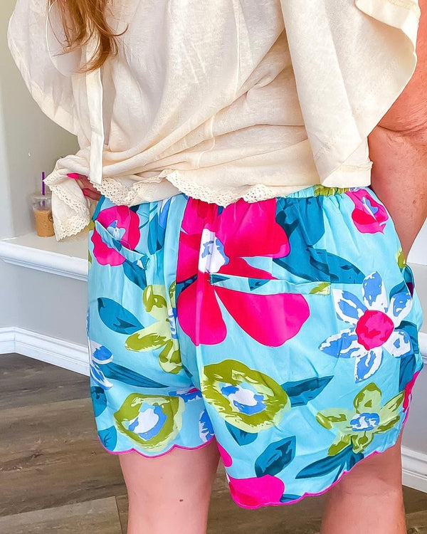 Sea Blue, Pink & Green Pleated Tropical Pocket Shorts