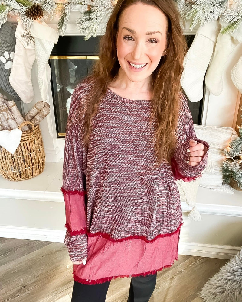 Plus Size Cranberry Burgandy Wine Light Knit Tunic Top with Frey Edges