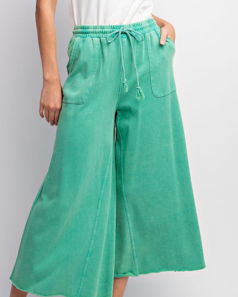 Green Mineral Washed Terry Knit Wide Leg Lounge Pants