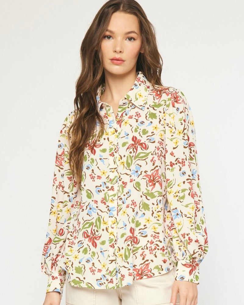 Cream Multi Floral Print Collared Button Up Long Sleeve Balloon Blouse