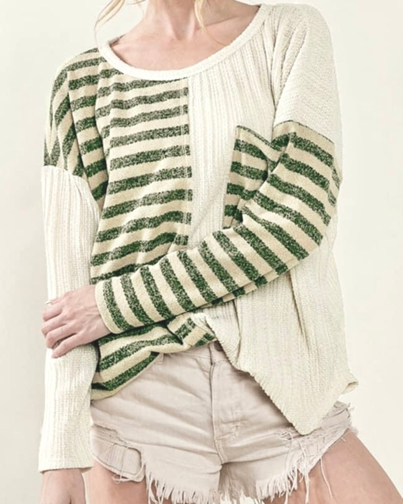 Cream Light Knit Patch Striped Textured Long Sleeve Loose Fit Top