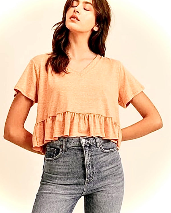 Yellow Gold Peplum Babydoll Ruffle Crop T-Shirt Top