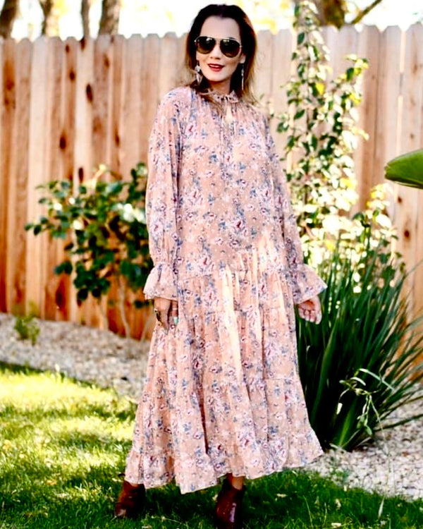Tan Blush Floral Print Sheer Overlay Midi Dress
