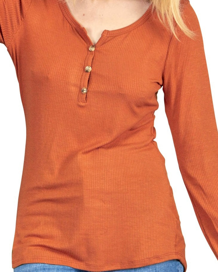 Pumpkin Spice Ribbed Henley Long Sleeve Pullover Top