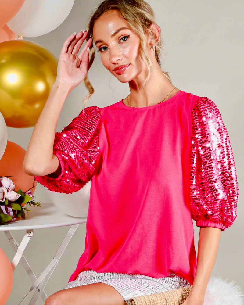 Hot Pink Round Neck Top with Short Bubble Sequin Sleeves