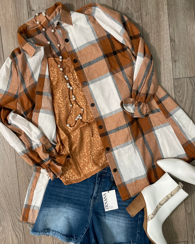 Brown & Cream Plaid Flannel Shirt Dress