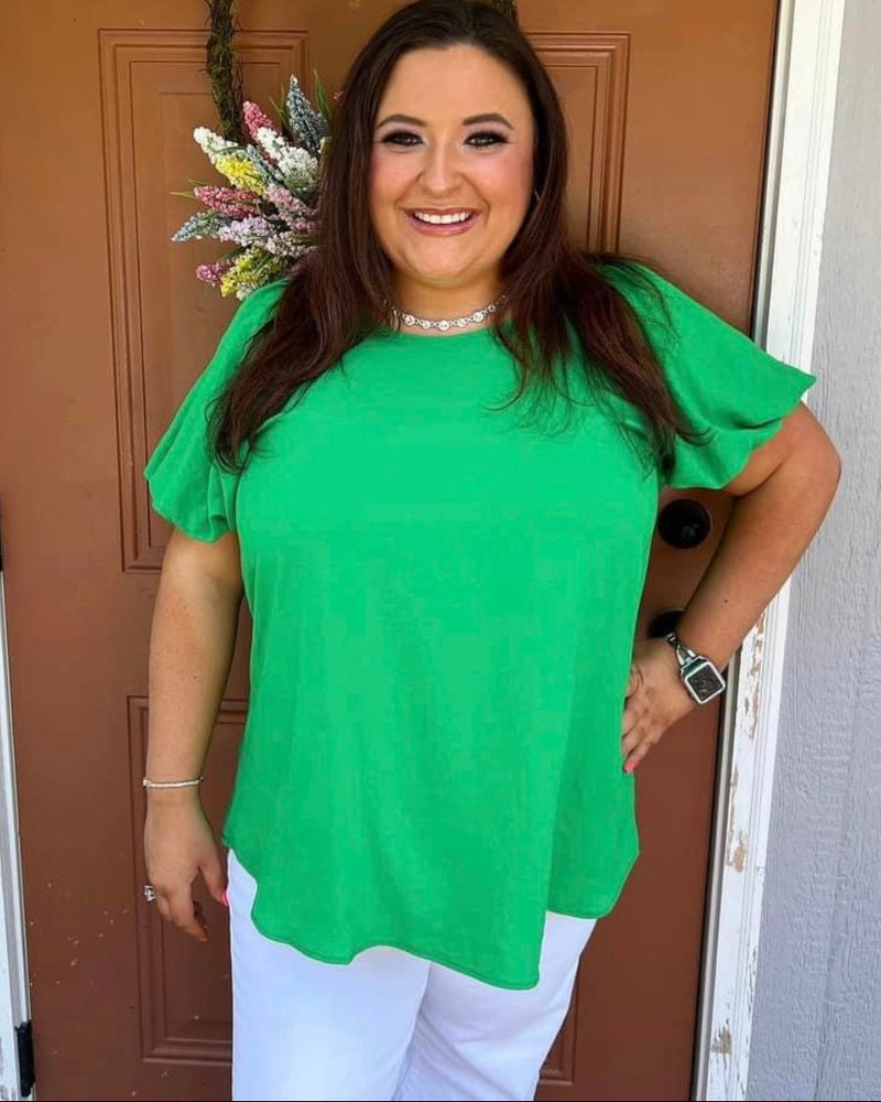 Plus Size Kelly Green Rounded Neckline Short Bubble Puff Sleeve Blouse