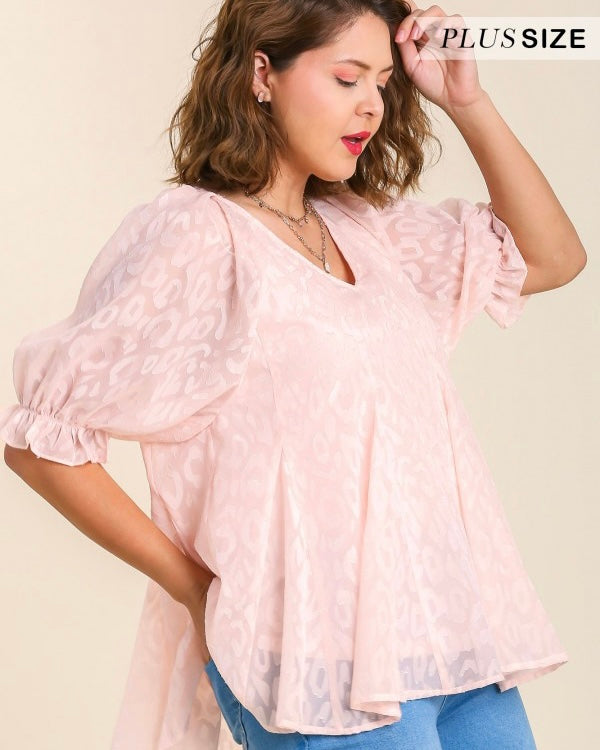 Plus Size Pretty in Pink Leopard Sheer Overlay with Short Puff Sleeve Top