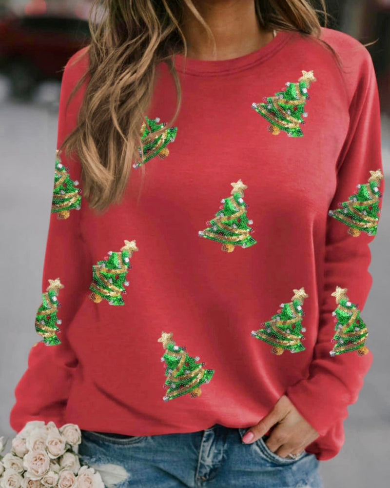 Red Lightweight Sweatshirt with Sequin Christmas Trees Holiday Top