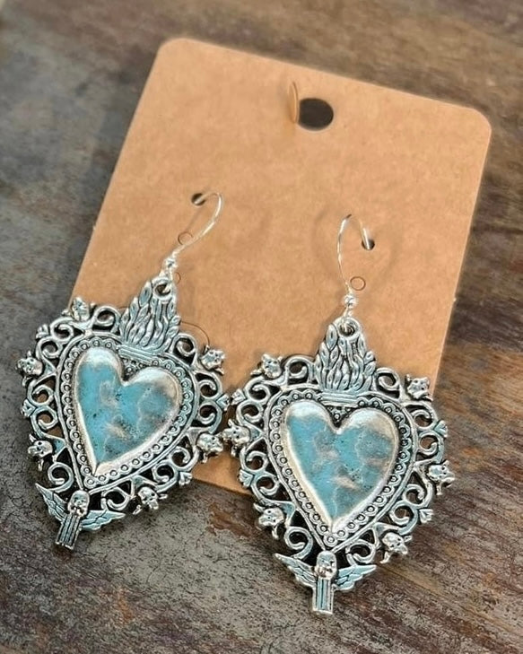 Silver Drop heart dangle Earrings