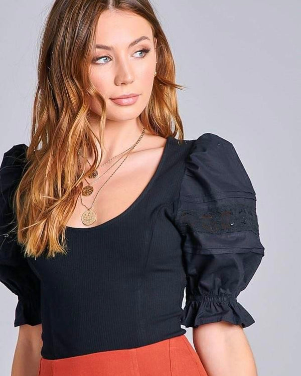 Solid Black Scoop Neck Short Puff Ruffle Sleeve Top