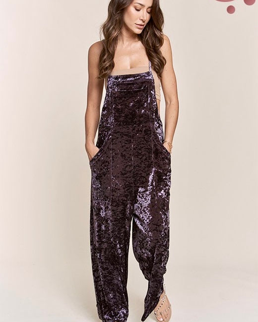 Deep Purple Velvet Pant Jumpsuit with Adjustable Tie Straps & Pockets