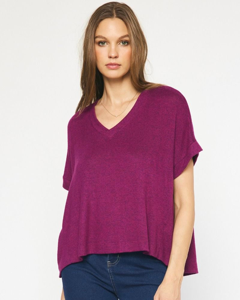 Purple Violet Short Sleeve HI-Lo Light Knit Top