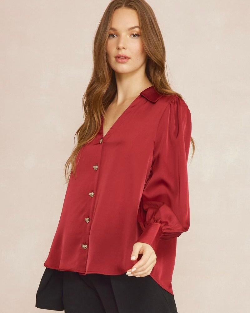 Ruby Red Satin VNeck Collared Long Cuff Sleeve Heart Shape Button Blouse