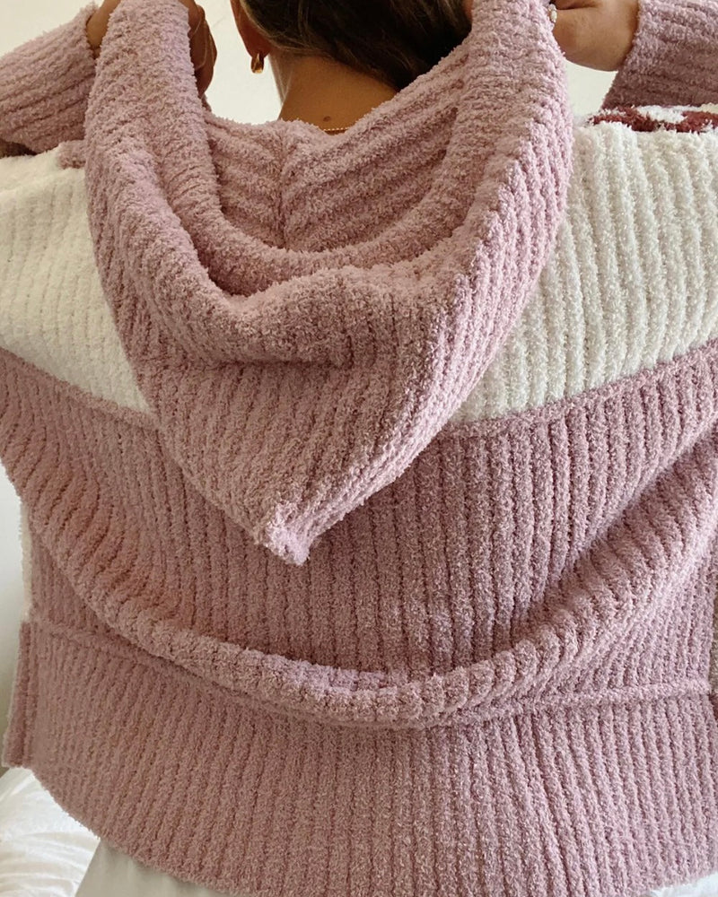 Pink & Cream Checkered Long Bell Sleeve Hoodie Sweater