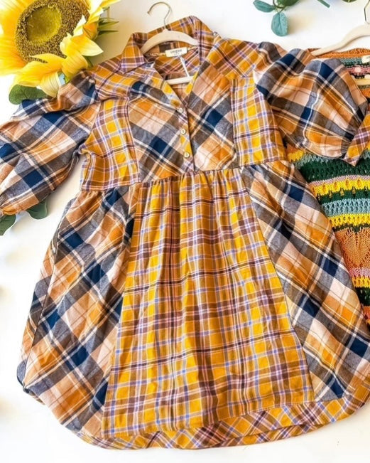 Yellow Gold Mix Plaid Contrast Elbow Sleeve Open Neck Dress