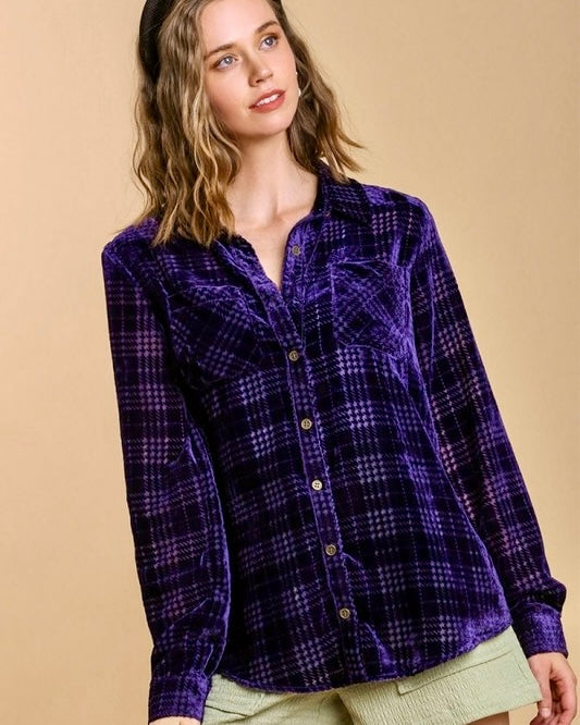 Deep Purple Plaid Velvet Burnout Long Sleeve Button Up Blouse