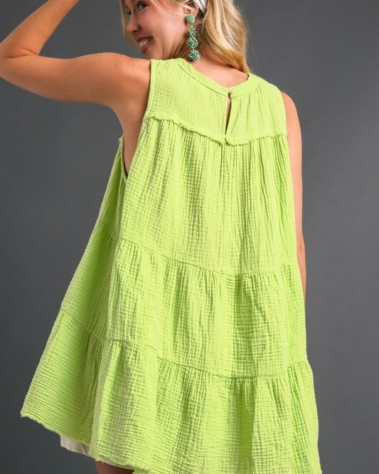 White, Pink or Lime Green Oversized Sleeveless Tiered Babydoll Cotton Gauze Top