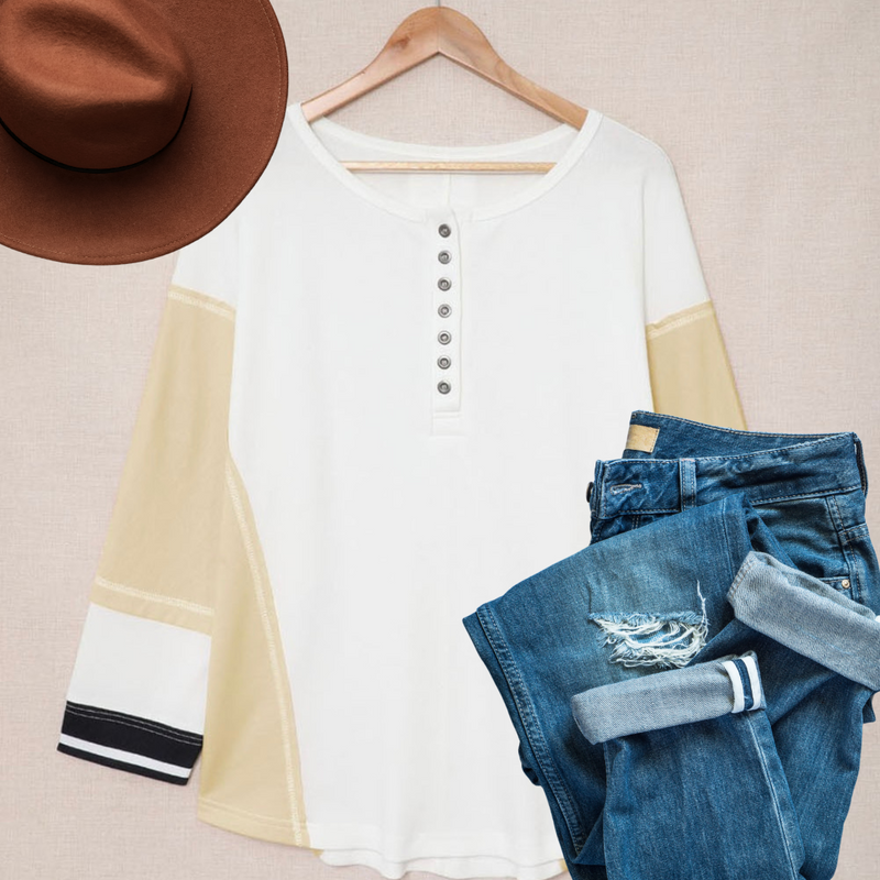 White and Tan Color Block Style Henley Buttoned Long Sleeve Top