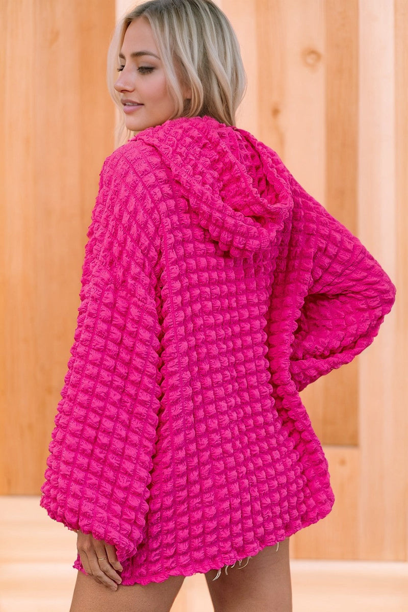 Pink Puff Bubble Textured Lightweight Pullover Hoodie