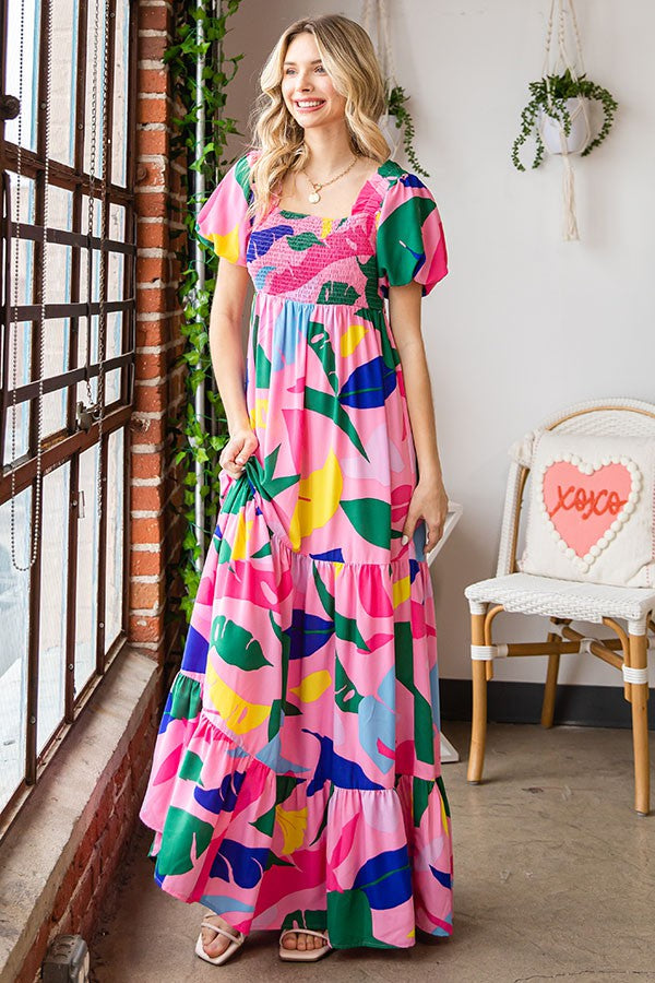 S-3X Pink Multicolor Leaf Print Tiered Smocked Maxi Dress