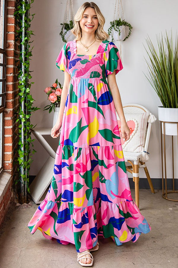 S-3X Pink Multicolor Leaf Print Tiered Smocked Maxi Dress