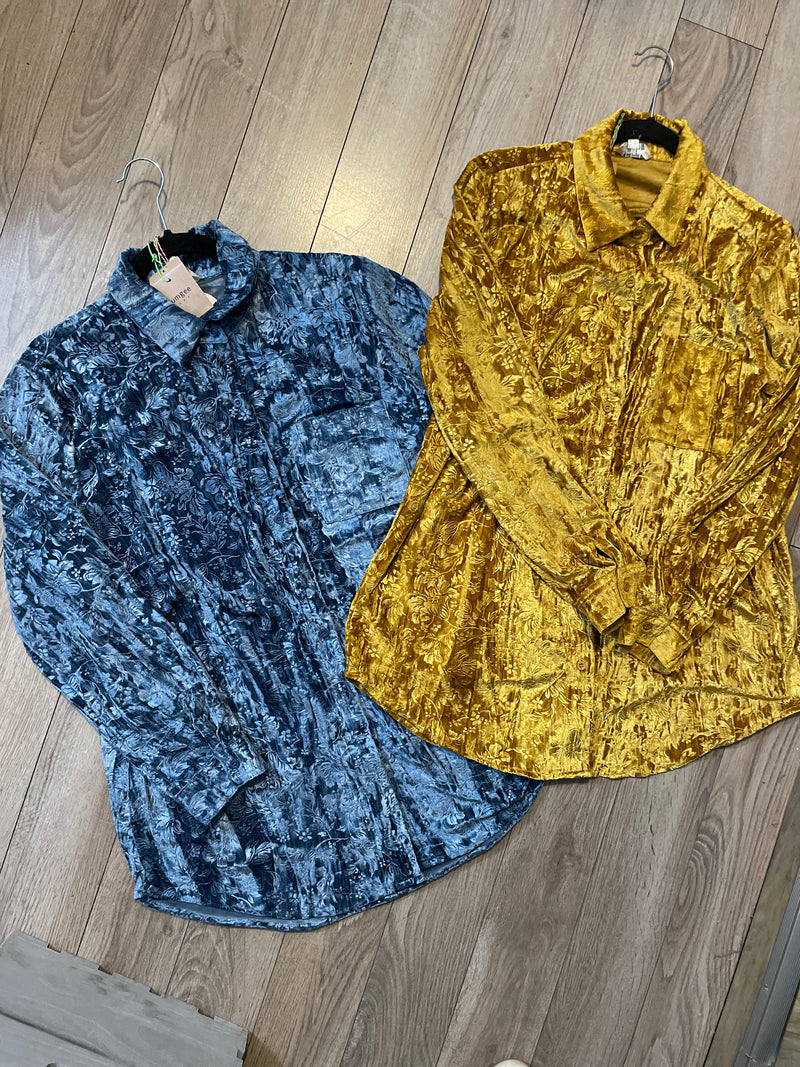 Blue or Gold Velvet Textured Embossed Button Down Long Sleeve Holiday Party Blouse