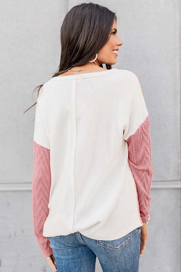 Pink & White Textured Color Block Front Pocket Casual Knit Crew Neckline Top