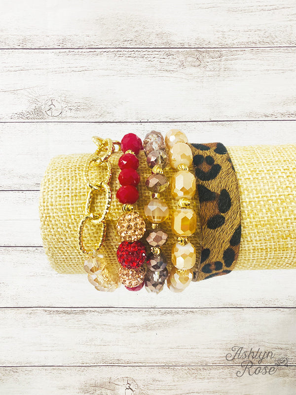 Red Faux Stone 5 Piece Bracelet Set with Red & Neutral Beads, Cow Print and Gold Chain