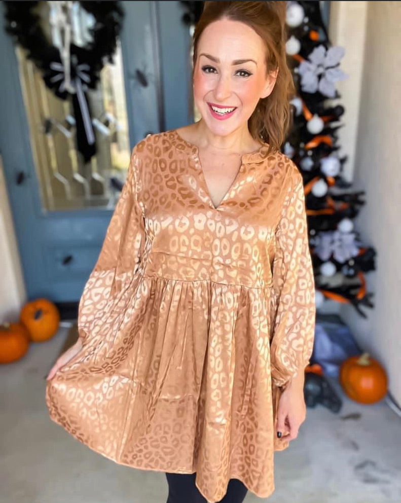 Bronze Copper Satin Leopard Long Sleeve Open Neck Dress