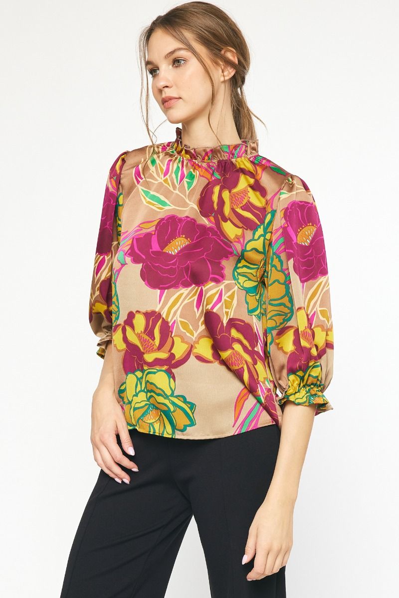 Elegant Mocha & Magenta Floral Print Half Sleeve Top