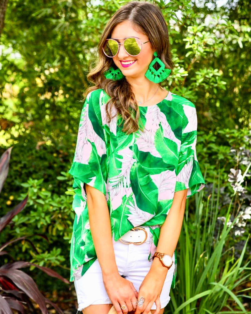 Green and Light Pink Tropical Leaf Print Tunic
