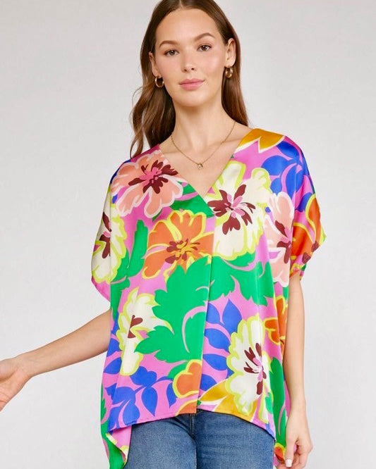 Large Tropical Print Boxy Style Top in Bright Multicolors of Green, Pink, Orange & Purple