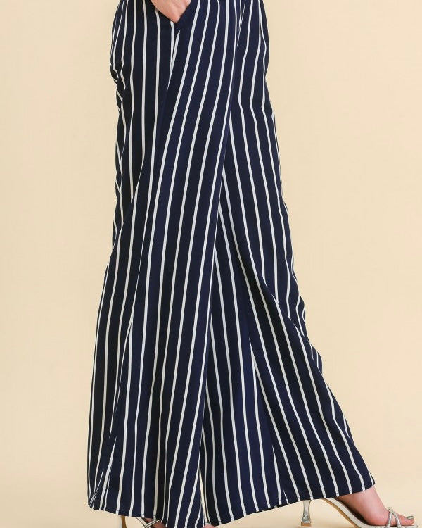 Navy Blue w/White Stripe Wide Leg Pants