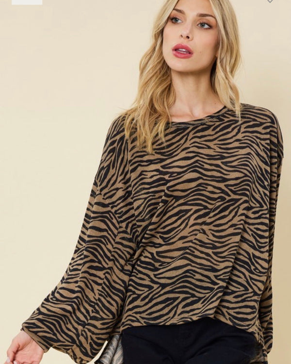 Plus Brown & Black Zebra Animal Print Shirt