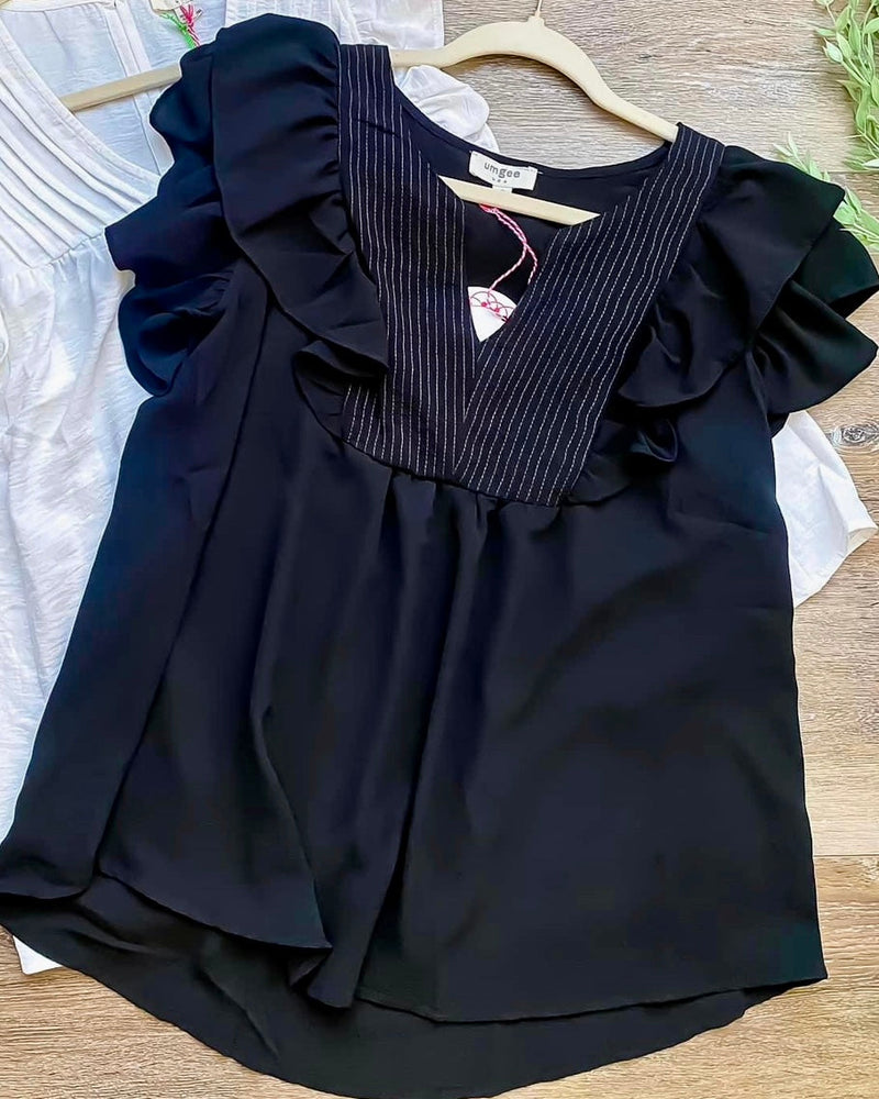 Solid Black Double Ruffle Cap Sleeve Open VNeck Top