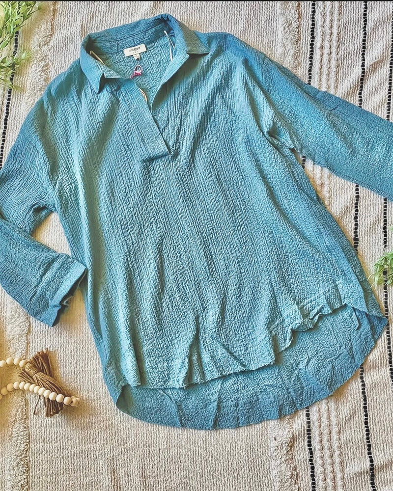 Blue Crepe Style long Sleeve Pullover VNeck Tunic Top