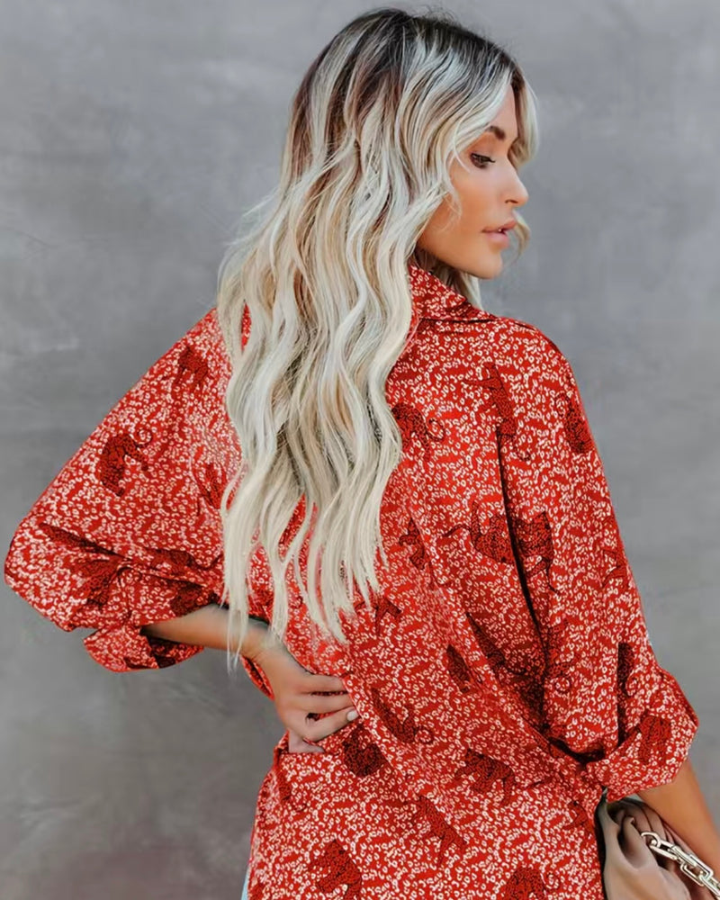 Red Cheetah Print Button Down Long Sleeve Blouse
