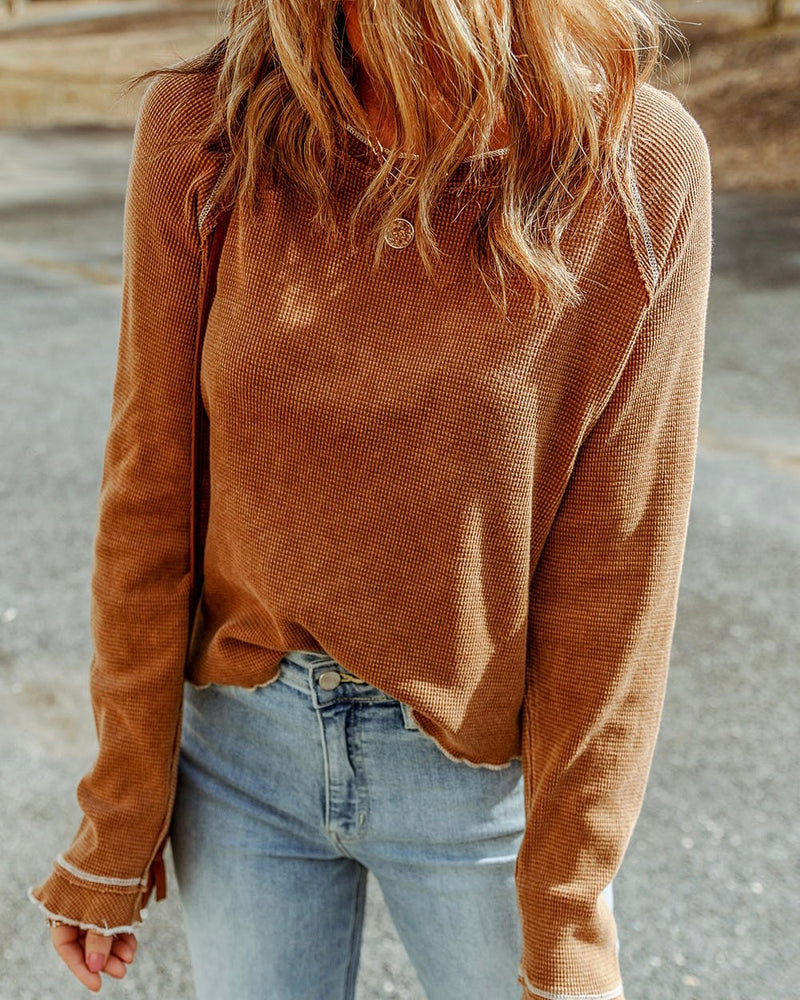 Rust pumpkin spice Thermal Waffle Henley Style Stitch Accent Long Sleeve Top