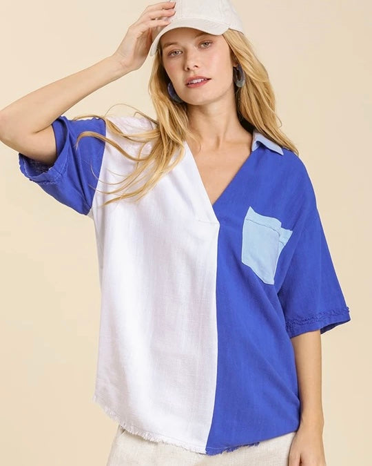 Plus Blue Color Block Short Sleeve Button Down Top