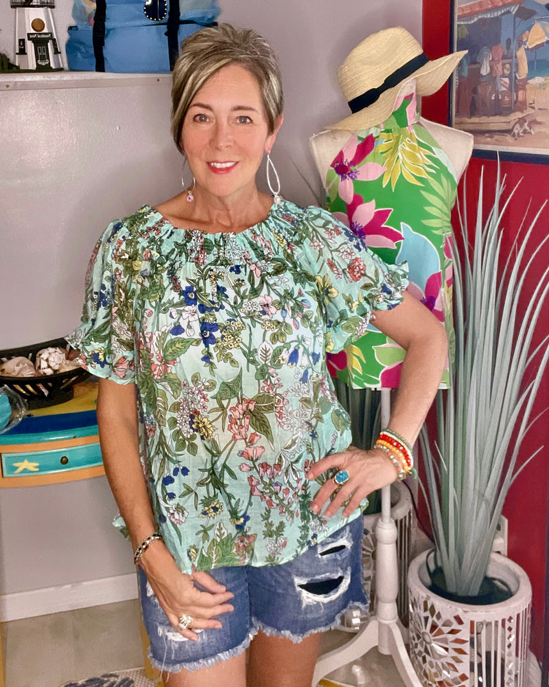 Blue Green Boho Floral Short Sleeve On/Off Shoulder Top