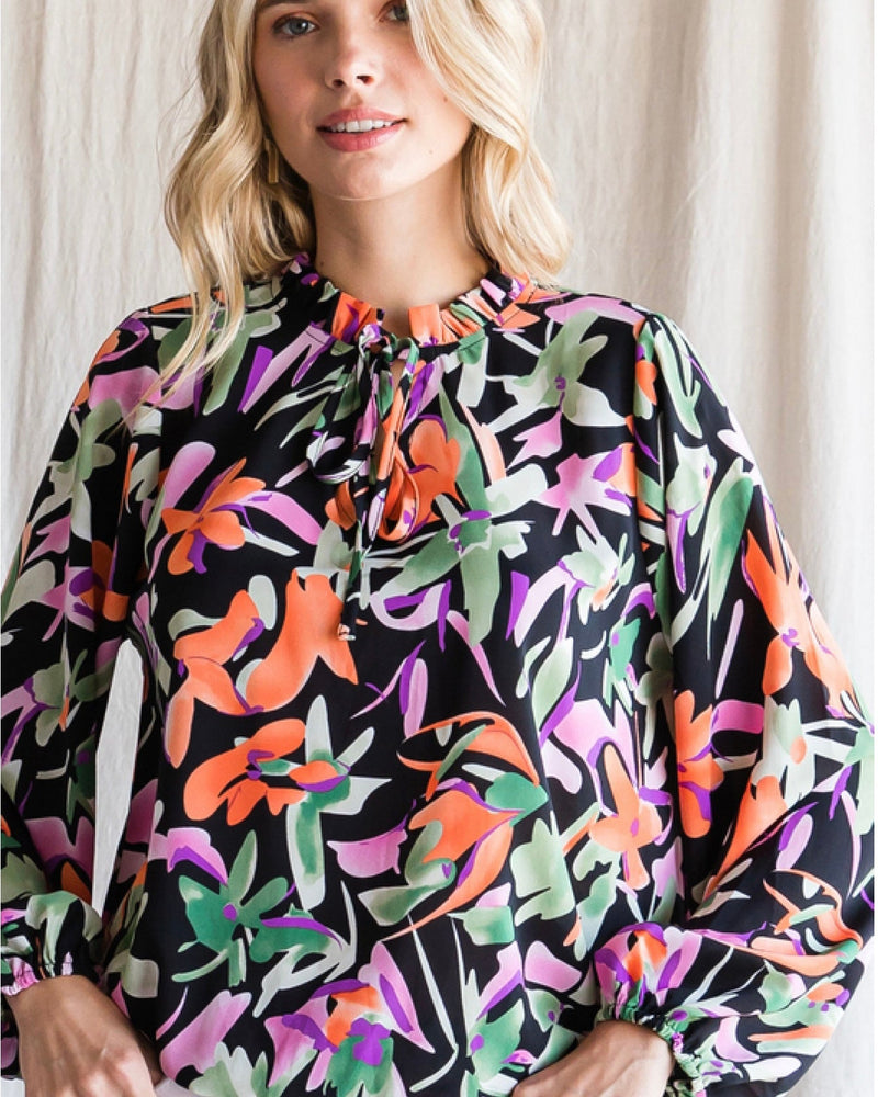 Tropical Long Sleeve High Neck Blouse in Orange, Green and Purple on Black