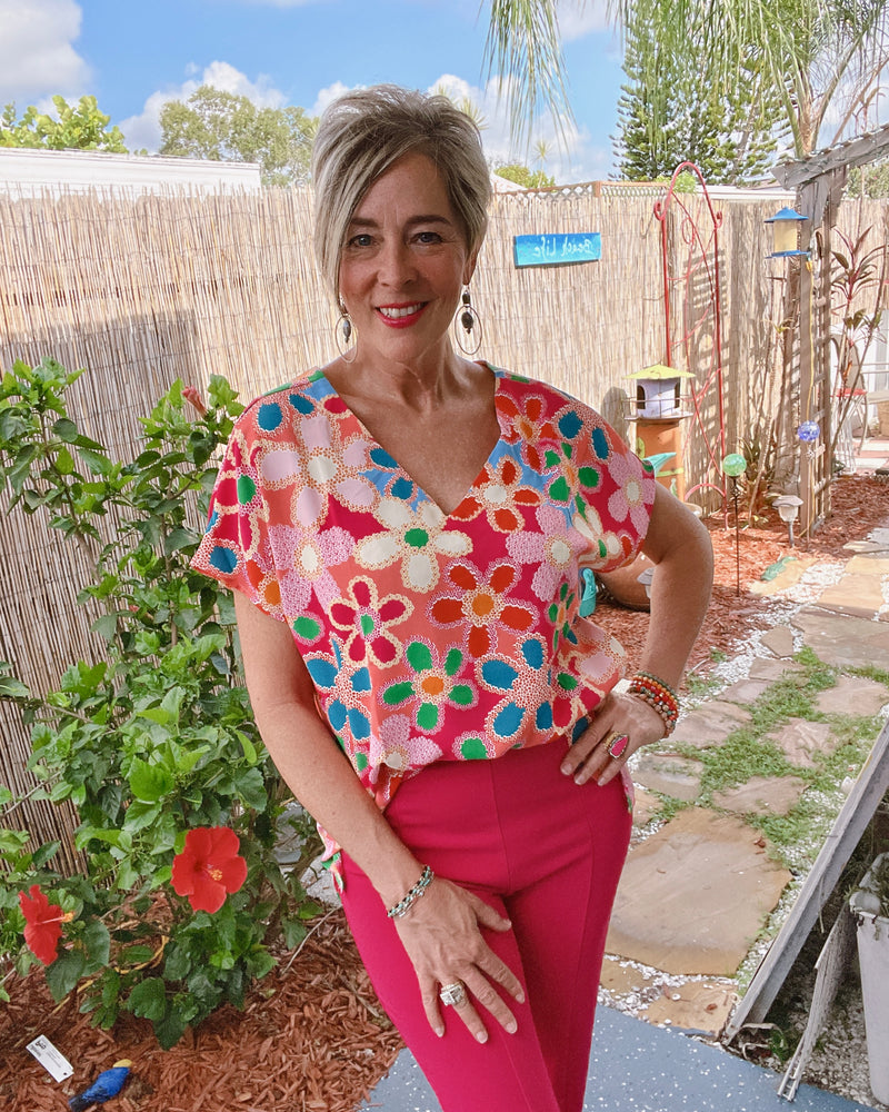 Multi Pink, Green, Orange & Blue Abstract Flower Graphic Top