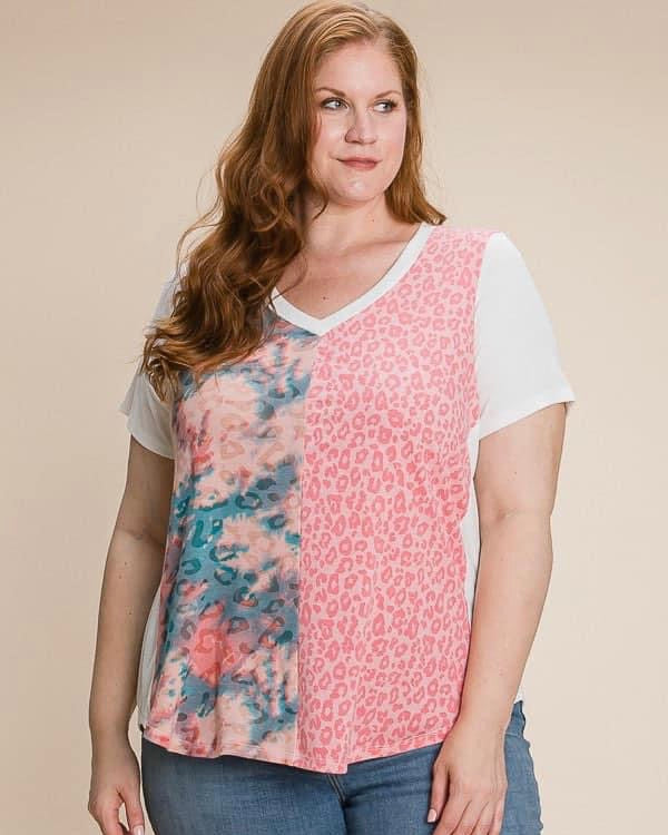 Plus Size Pink Floral and Pink Leopard Color Block Ribbed Top