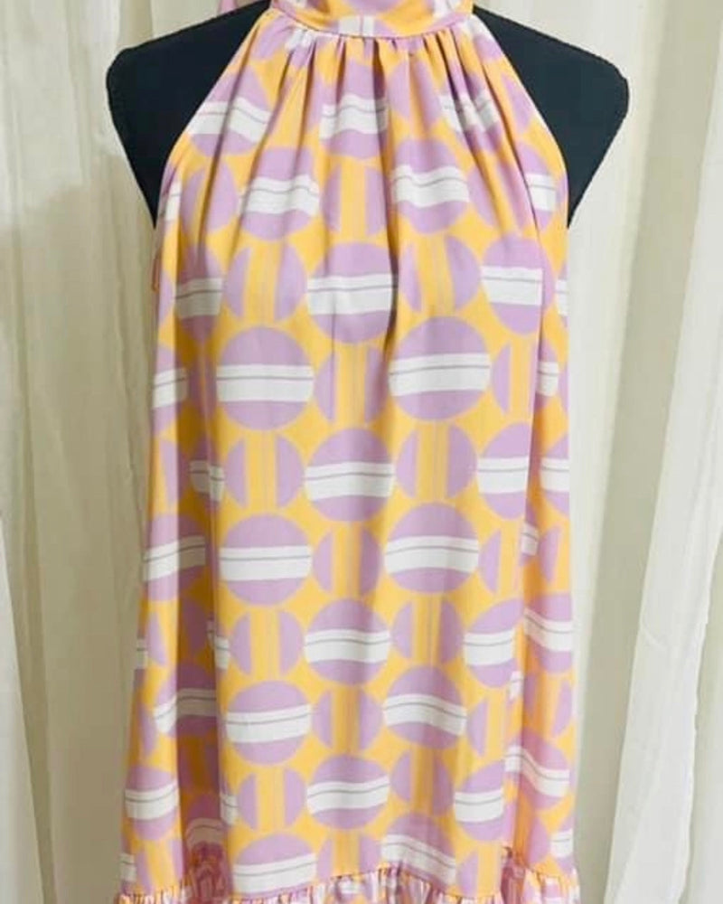 Yellow & Purple Retro Abstract Halter Ruffle Hem Dress