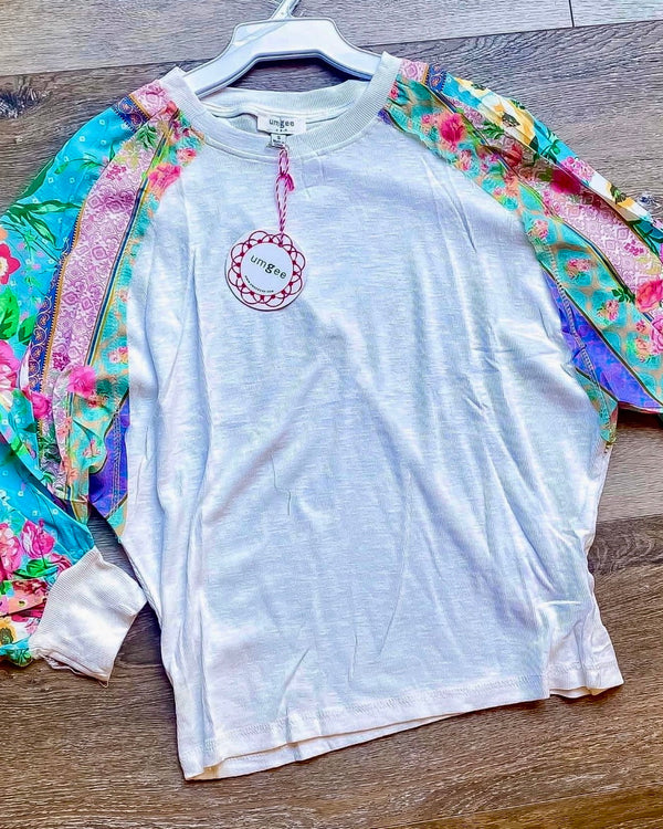 White T-Shirt Top with Long Color Block Multi Floral Sleeves